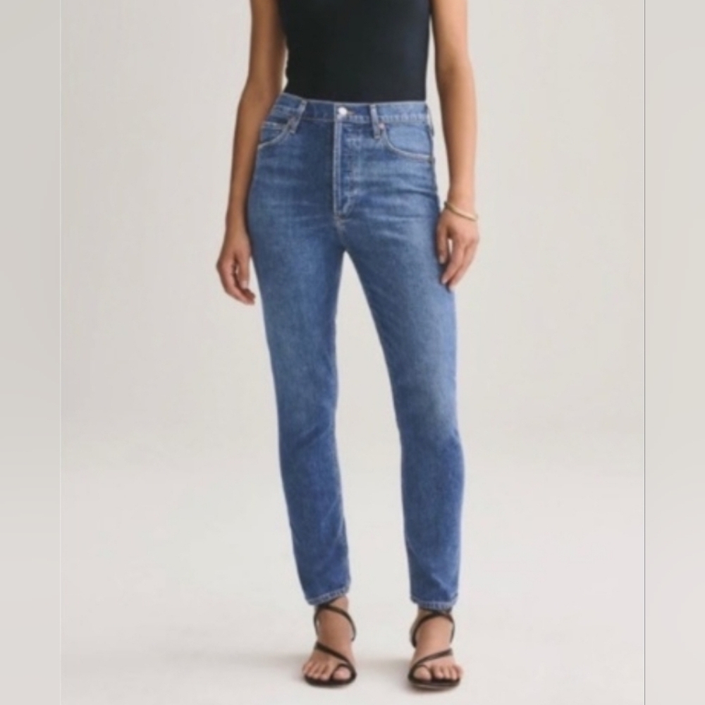 Agolde High Rise Slim Straight Jeans in Classic Blue Wash